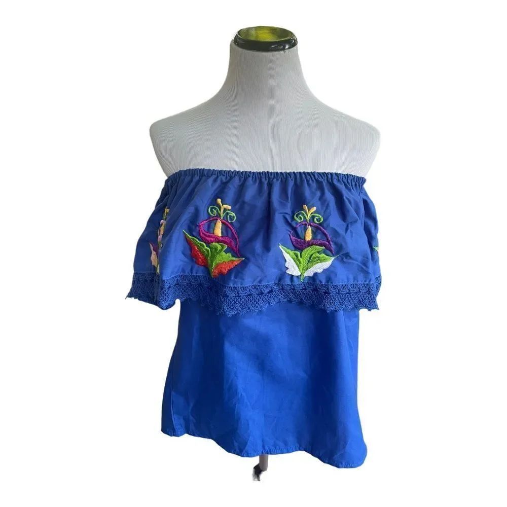 Embroidered Mexican Off The Shoulder Royal Blue Blouse Size M EUC Boho Festival